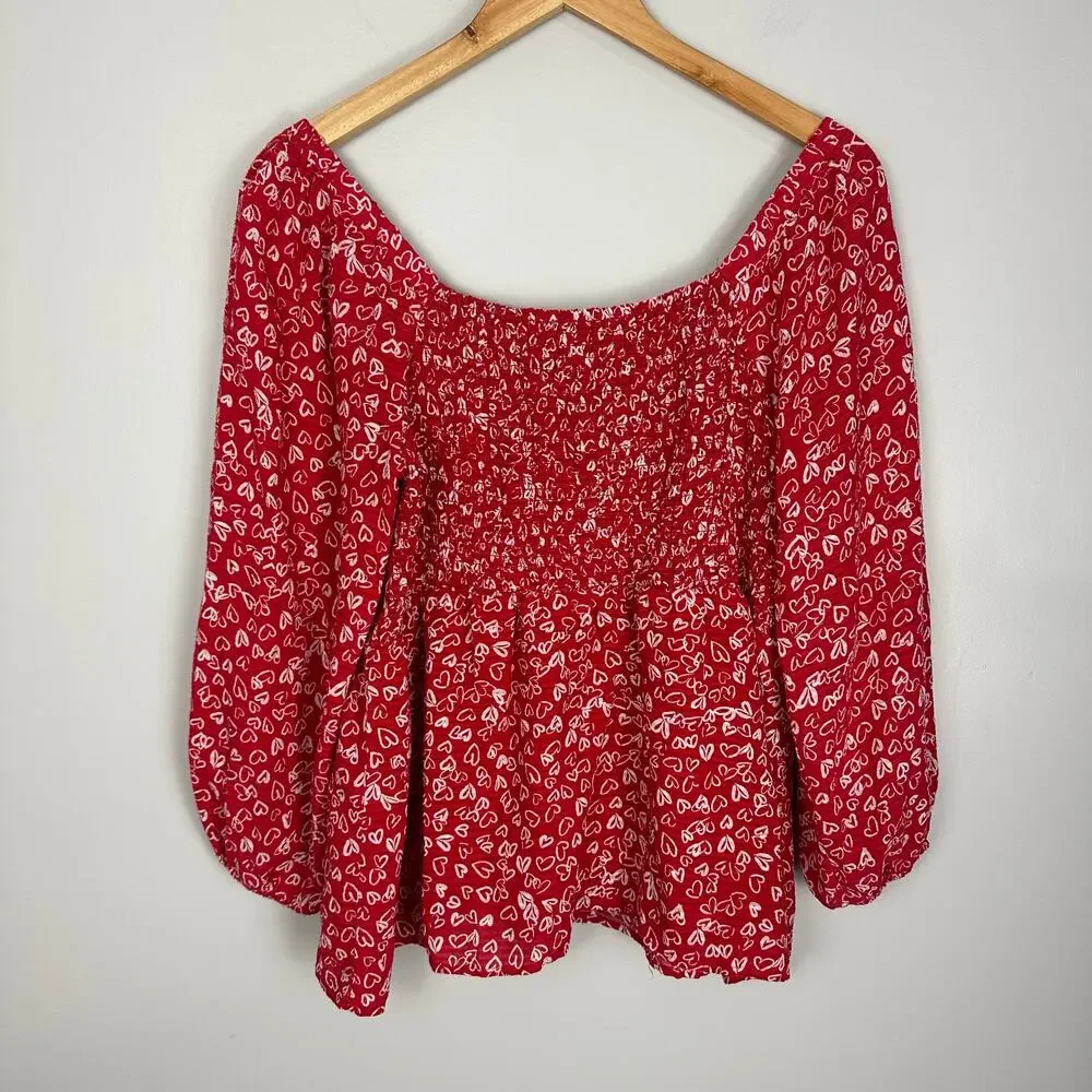 Loft Cotton Blend Heart Allover Print Peplum Blouse Balloon sleeve Size 6